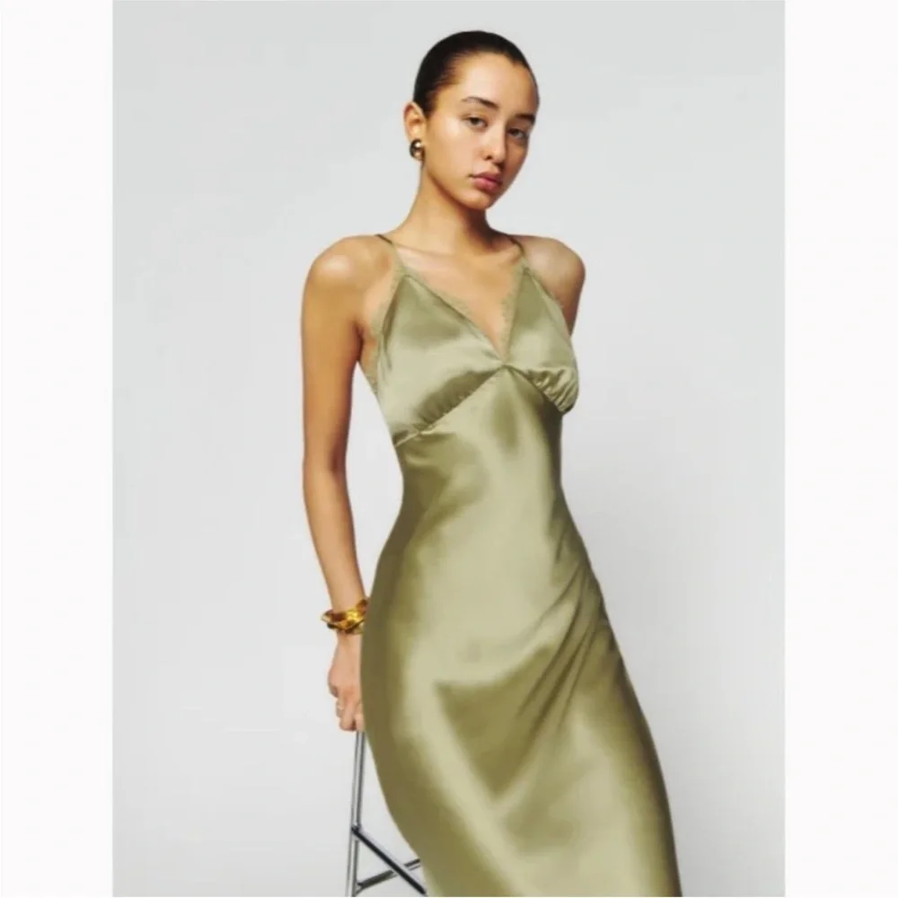Reformation Silk Dress Green Maxi Lace NWT - Picture 5 of 7